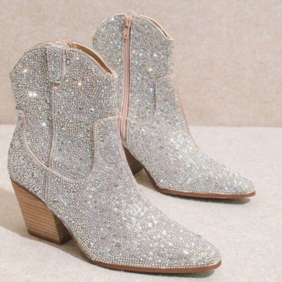 MIIM ANGEL Silver Rhinestone Gem Embellished Ankle Western Heeled Cowboy Boot - Picture 2 of 12